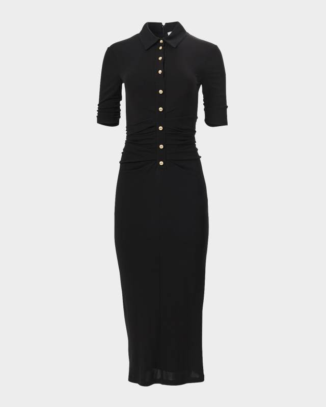 Ruched Button-Front Midi Polo Dress